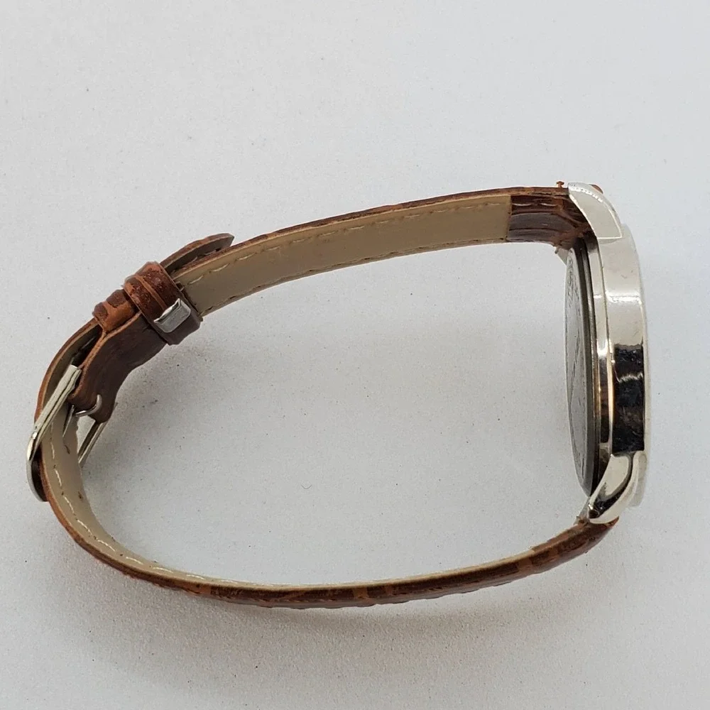 Women's Watch 34MM White Dial Gray Case Brown‎ Leather Bands New Battery